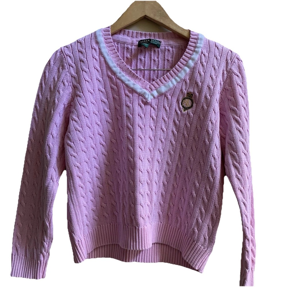 Vintage Ralph Lauren Pink White V Neck Sweater,‎ Medium 100% MERCERIZED COTTON.